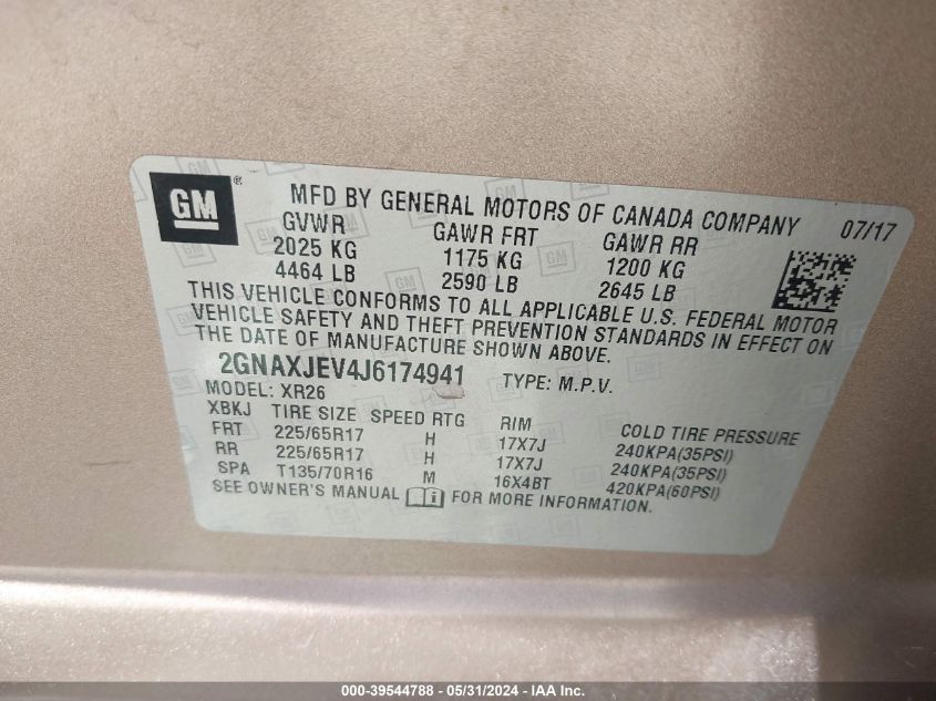 2018 Chevrolet Equinox Lt VIN: 2GNAXJEV4J6174941 Lot: 39544788