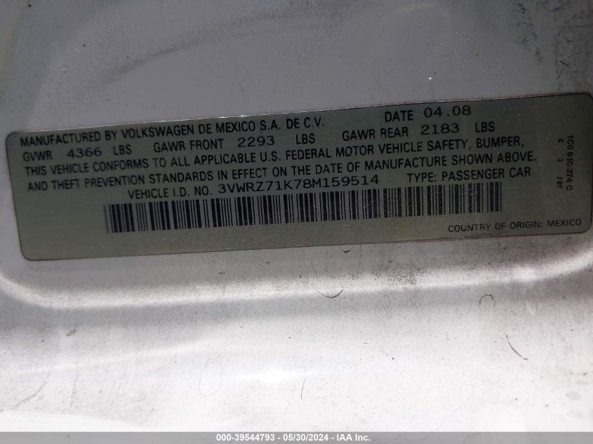 2008 Volkswagen Jetta Se VIN: 3VWRZ71K78M159514 Lot: 39544793