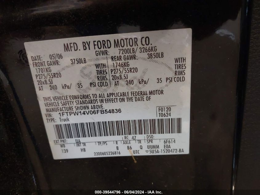 2006 Ford F-150 Fx4/Lariat/Xlt VIN: 1FTPW14V06FB54836 Lot: 39544796