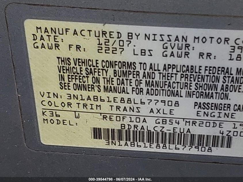 2008 Nissan Sentra 2.0 VIN: 3N1AB61E88L677908 Lot: 39544798