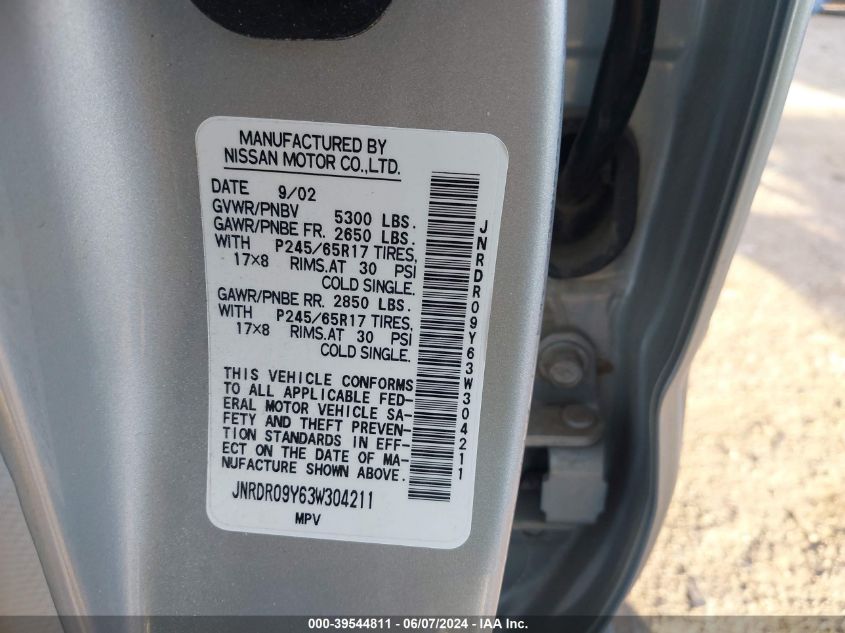 2003 Infiniti Qx4 Luxury VIN: JNRDR09Y63W304211 Lot: 39544811