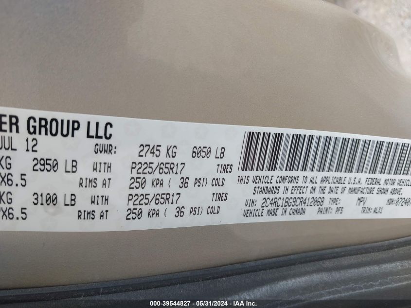 2012 Chrysler Town & Country Touring VIN: 2C4RC1BG9CR412068 Lot: 39544827