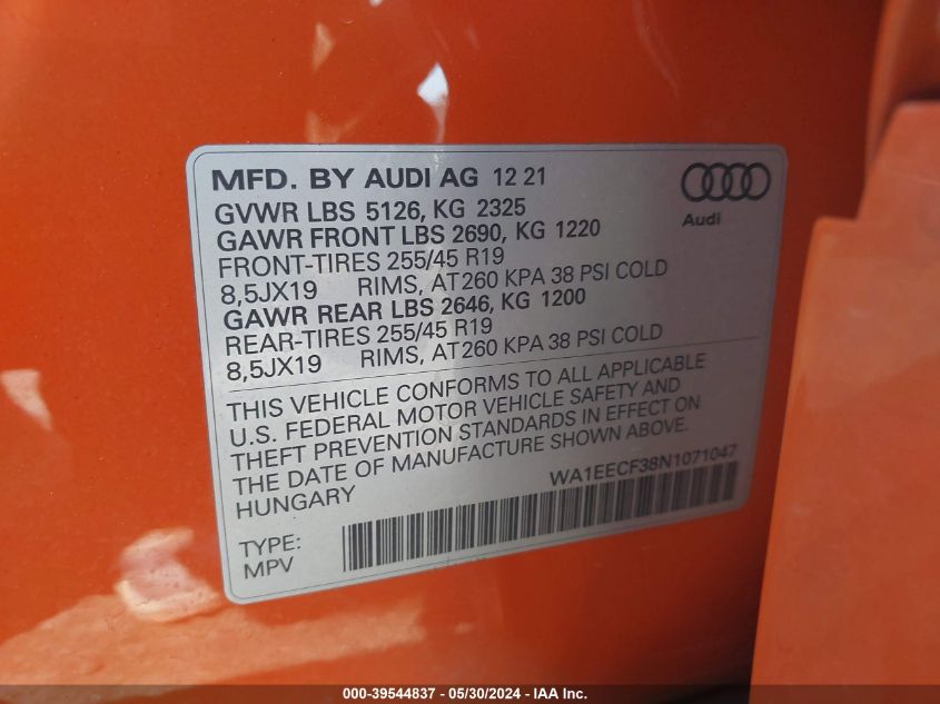 2022 Audi Q3 Premium Plus 45 Tfsi S Line Quattro Tiptronic VIN: WA1EECF38N1071047 Lot: 39544837