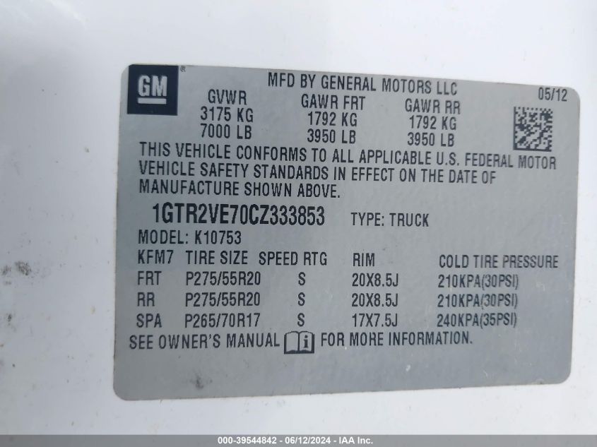 2012 GMC Sierra 1500 Sle VIN: 1GTR2VE70CZ333853 Lot: 39544842