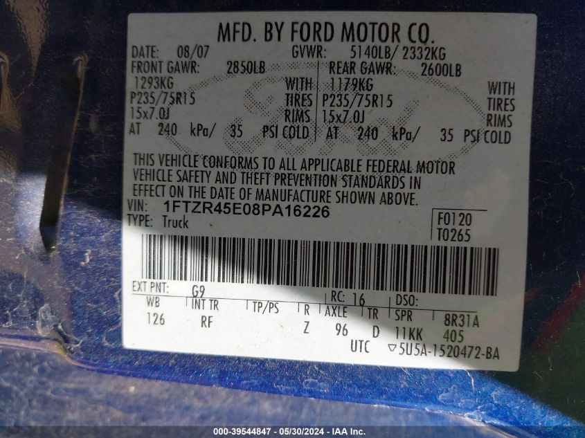 2008 Ford Ranger Fx4 Off-Road/Sport/Xlt VIN: 1FTZR45E08PA16226 Lot: 39544847