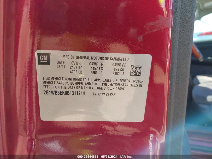 2011 Chevrolet Impala Lt VIN: 2G1WB5EK0B1311214 Lot: 39544851