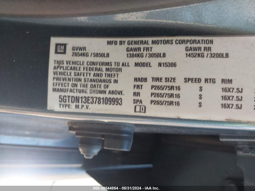 2007 Hummer H3 Suv VIN: 5GTDN13E378109993 Lot: 39544854