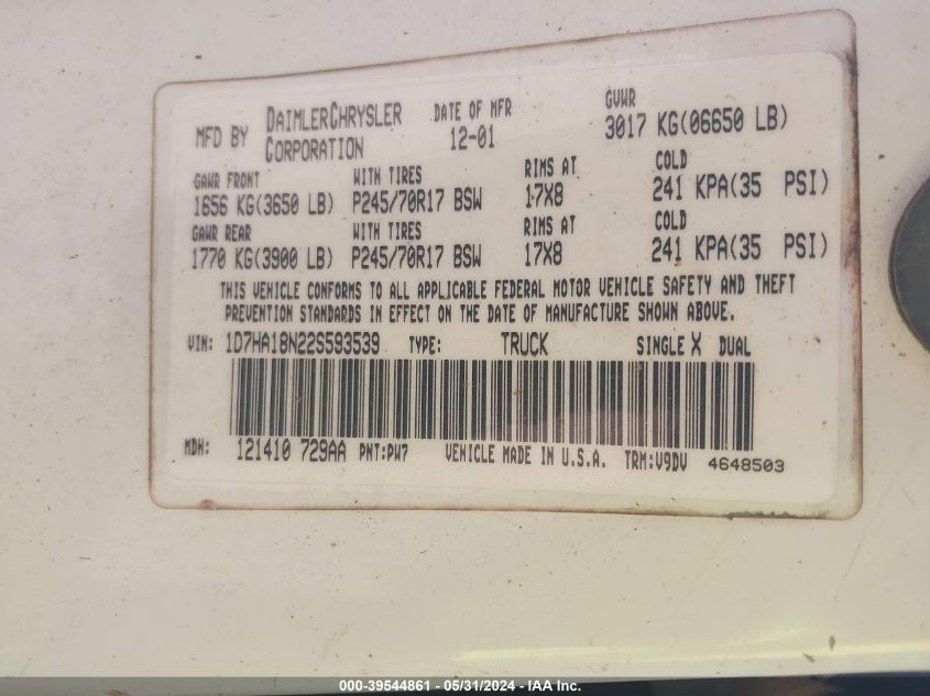 2002 Dodge Ram 1500 St VIN: 1D7HA18N22S593539 Lot: 39544861