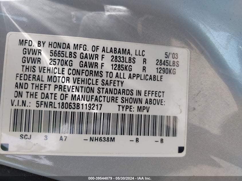 2003 Honda Odyssey Ex-L VIN: 5FNRL18063B119217 Lot: 39544879