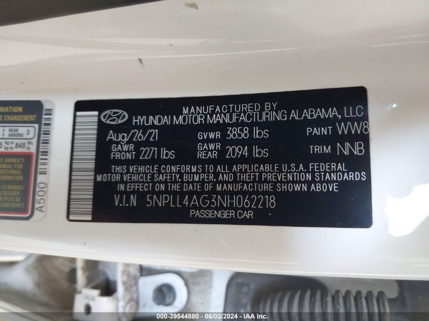 2022 Hyundai Elantra Se VIN: 5NPLL4AG3NH062218 Lot: 39544880