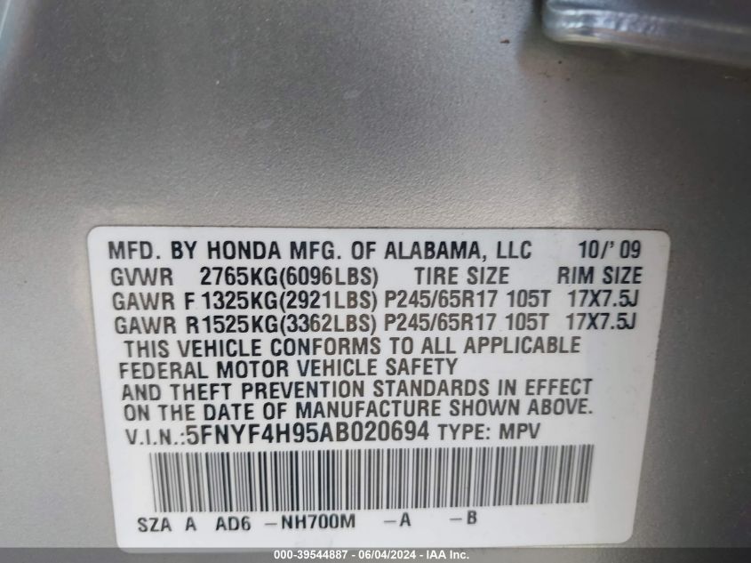 2010 Honda Pilot Touring VIN: 5FNYF4H95AB020694 Lot: 39544887