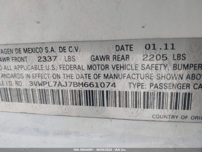 2011 Volkswagen Jetta Sportwagen 2.0L Tdi VIN: 3VWPL7AJ7BM661074 Lot: 39544891