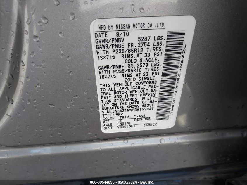 2011 Nissan Murano Sl VIN: JN8AZ1MW2BW152946 Lot: 39544896