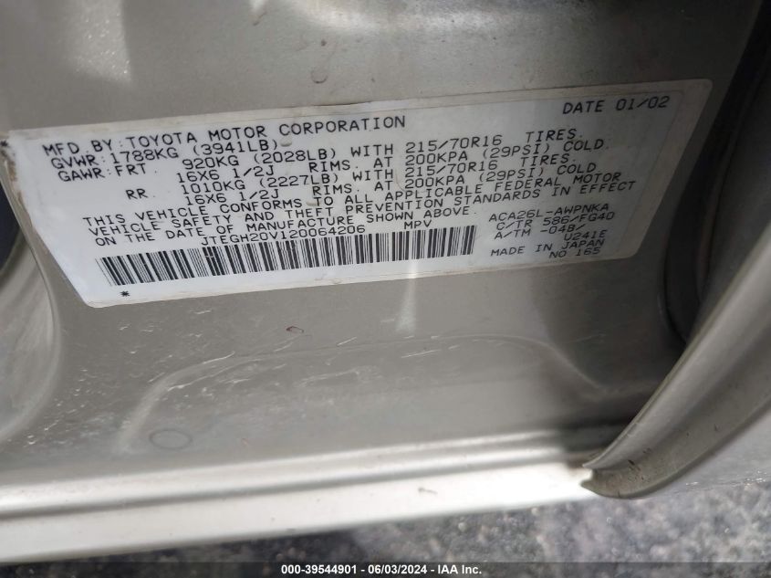 2002 Toyota Rav4 VIN: JTEGH20V120064206 Lot: 39544901
