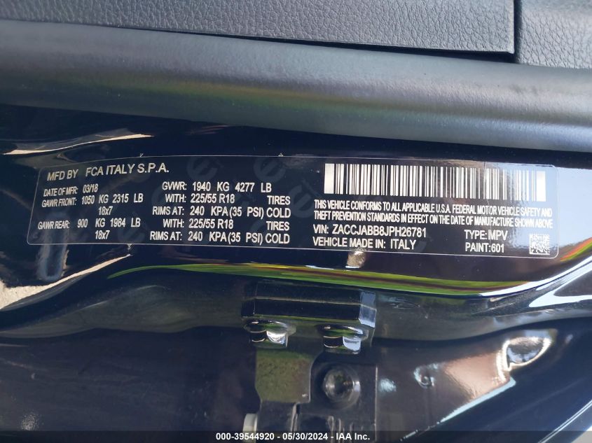 2018 Jeep Renegade Altitude Fwd VIN: ZACCJABB8JPH26781 Lot: 39544920