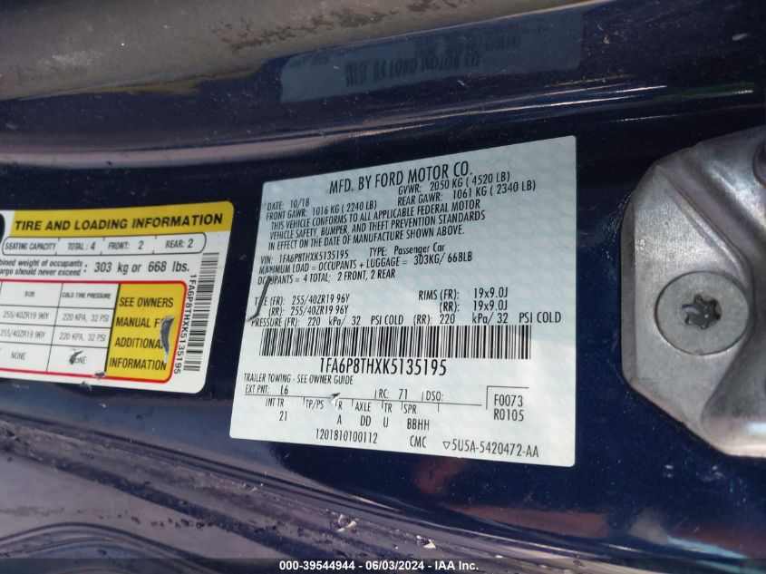 2019 Ford Mustang VIN: 1FA6P8THXK5135195 Lot: 39544944