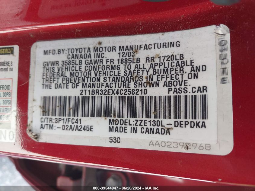 2004 Toyota Corolla Ce VIN: 2T1BR32EX4C258210 Lot: 39544947