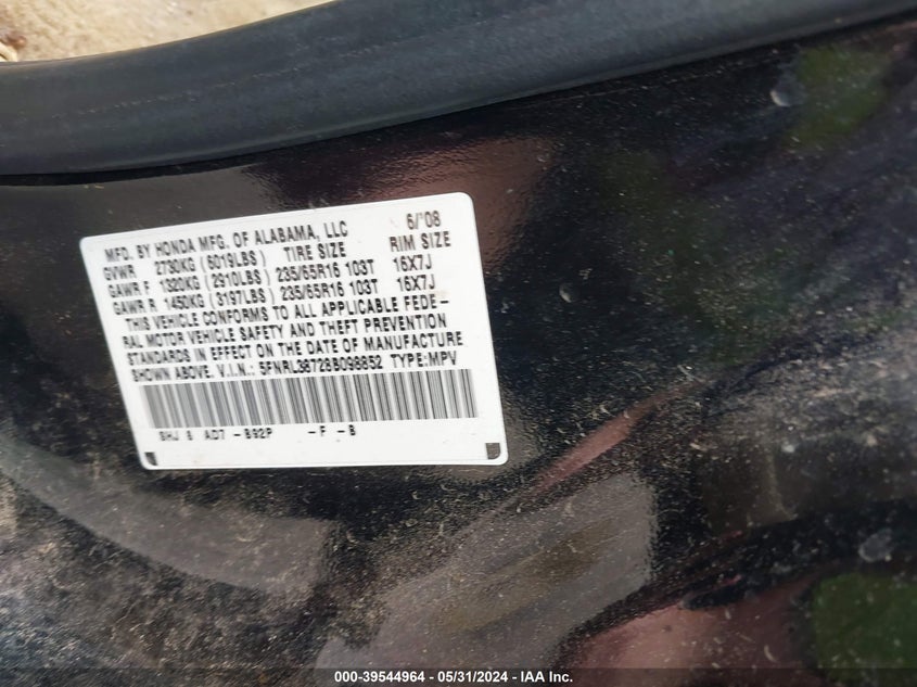 2008 Honda Odyssey Ex-L VIN: 5FNRL38728B098852 Lot: 39544964