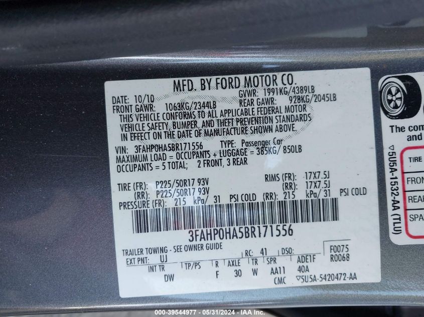 2011 Ford Fusion Se VIN: 3FAHP0HA5BR171556 Lot: 39544977