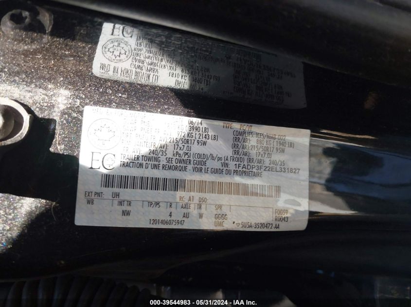 2014 Ford Focus Se VIN: 1FADP3F22EL331827 Lot: 39544983