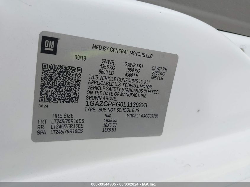 2020 Chevrolet Express Passenger Rwd 3500 Extended Wheelbase Lt VIN: 1GAZGPFG0L1130223 Lot: 39544985