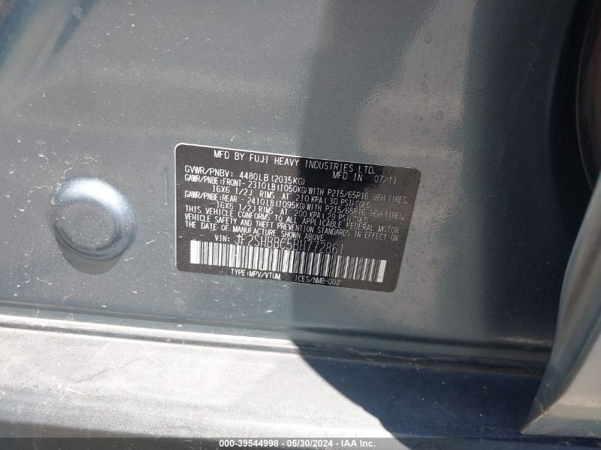 2011 Subaru Forester 2.5X VIN: JF2SHBBC5BH772861 Lot: 39544998