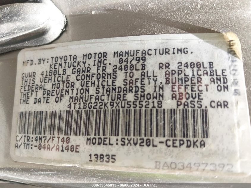 1999 Toyota Camry Ce VIN: 4T1BG22K9XU555218 Lot: 39545013