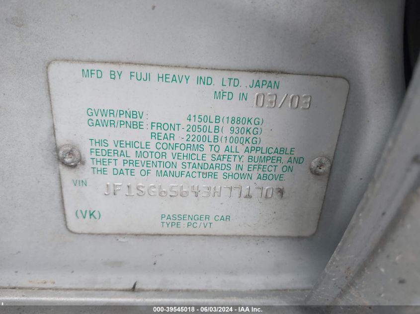 2003 Subaru Forester Xs VIN: JF1SG65643H771707 Lot: 39545018