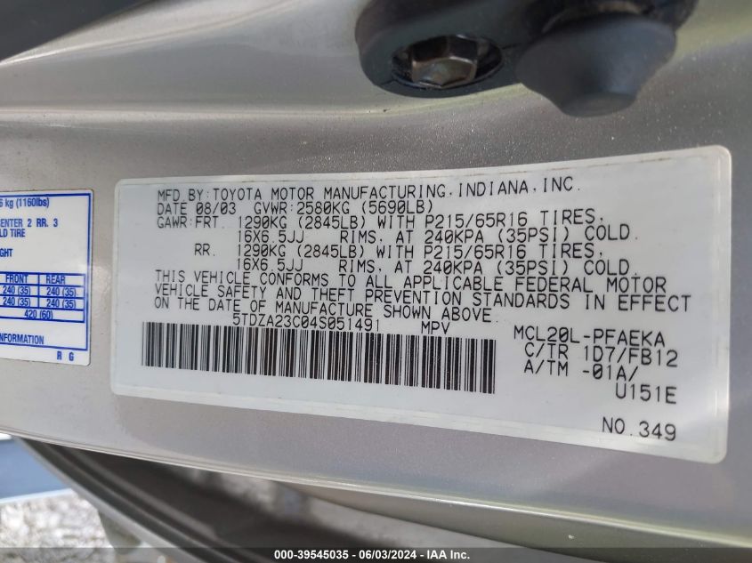 2004 Toyota Sienna Le VIN: 5TDZA23C04S051491 Lot: 39545035