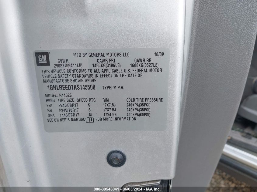 2010 Chevrolet Traverse Ls VIN: 1GNLREED7AS145500 Lot: 39545041