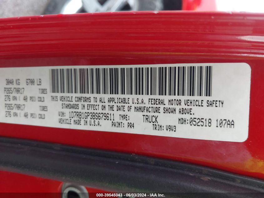 2011 Ram Ram 1500 Slt VIN: 1D7RB1GP3BS679611 Lot: 39545043