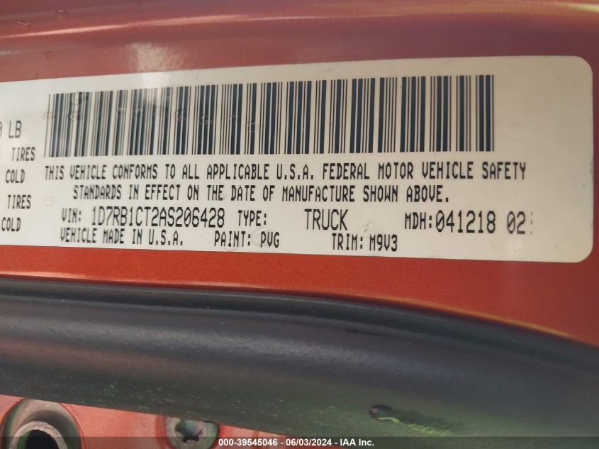 2010 Dodge Ram 1500 Slt/Sport/Trx VIN: 1D7RB1CT2AS206428 Lot: 39545046