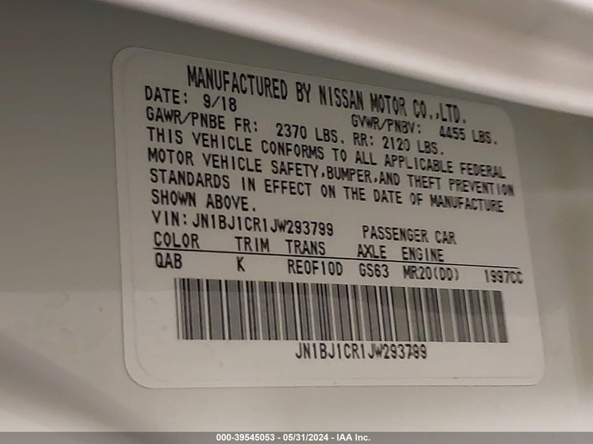 2018 Nissan Rogue Sport Sl VIN: JN1BJ1CR1JW293799 Lot: 39545053