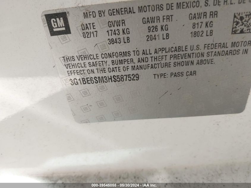 2017 Chevrolet Cruze Lt Auto VIN: 3G1BE6SM3HS587529 Lot: 39545055