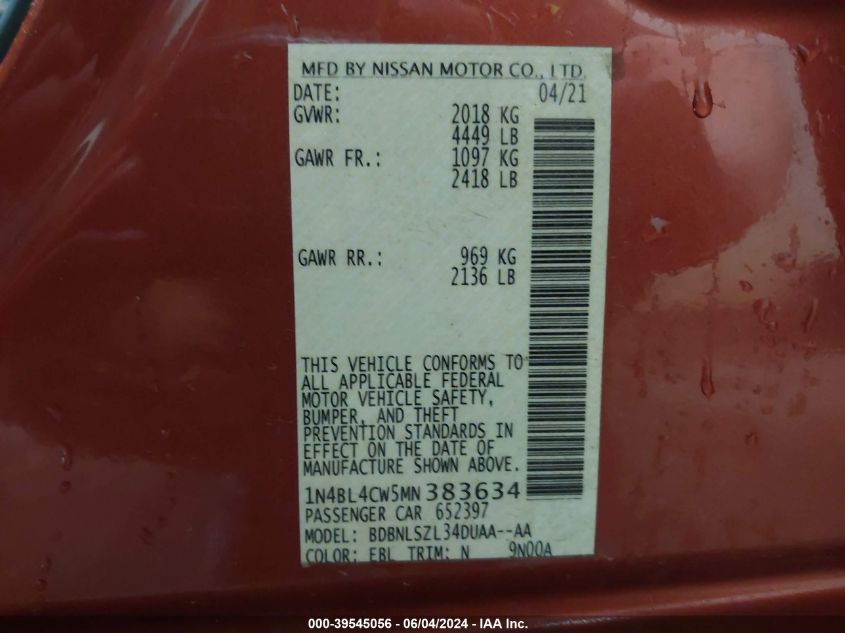 2021 Nissan Altima Sr Intelligent Awd VIN: 1N4BL4CW5MN383634 Lot: 39545056