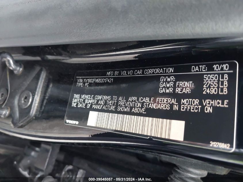 2011 Volvo S60 T6 VIN: YV1902FH6B2017421 Lot: 39545057