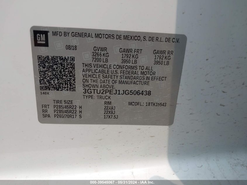 2018 GMC Sierra 1500 Denali VIN: 3GTU2PEJ1JG506438 Lot: 39545067