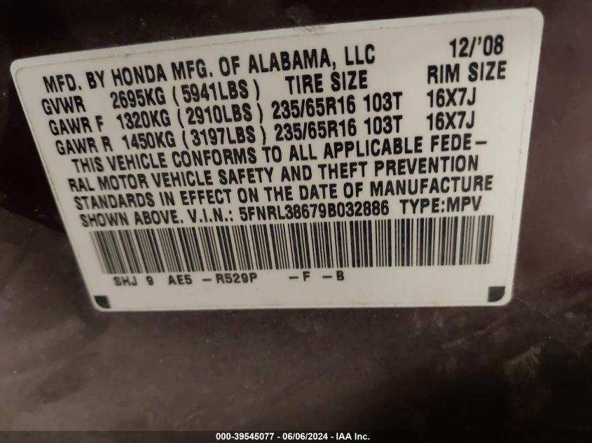 2009 Honda Odyssey Ex-L VIN: 5FNRL38679B032886 Lot: 39545077