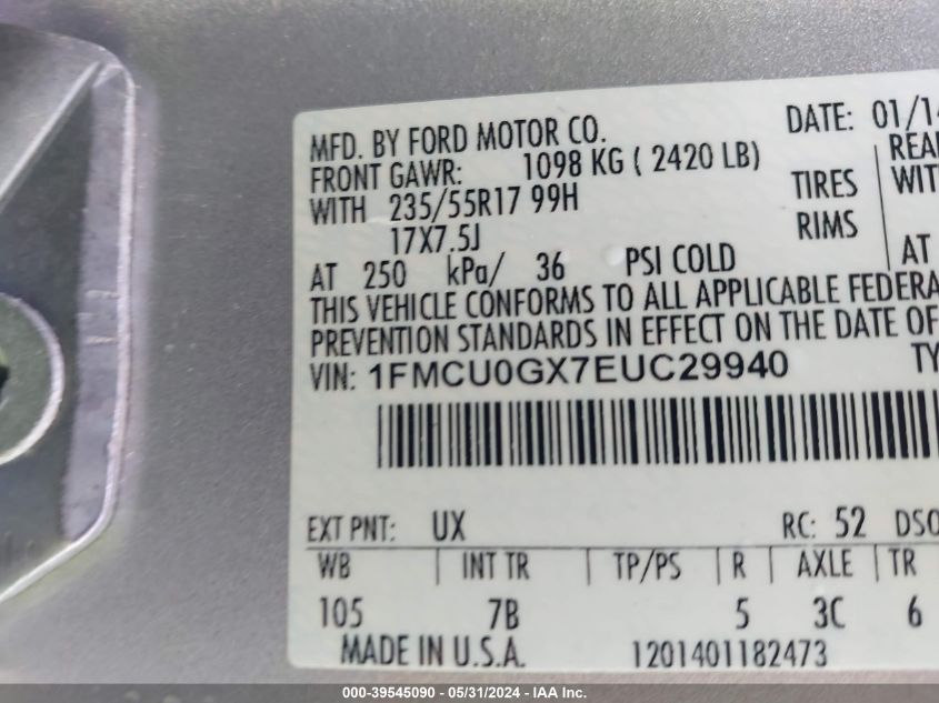 2014 Ford Escape Se VIN: 1FMCU0GX7EUC29940 Lot: 39545090