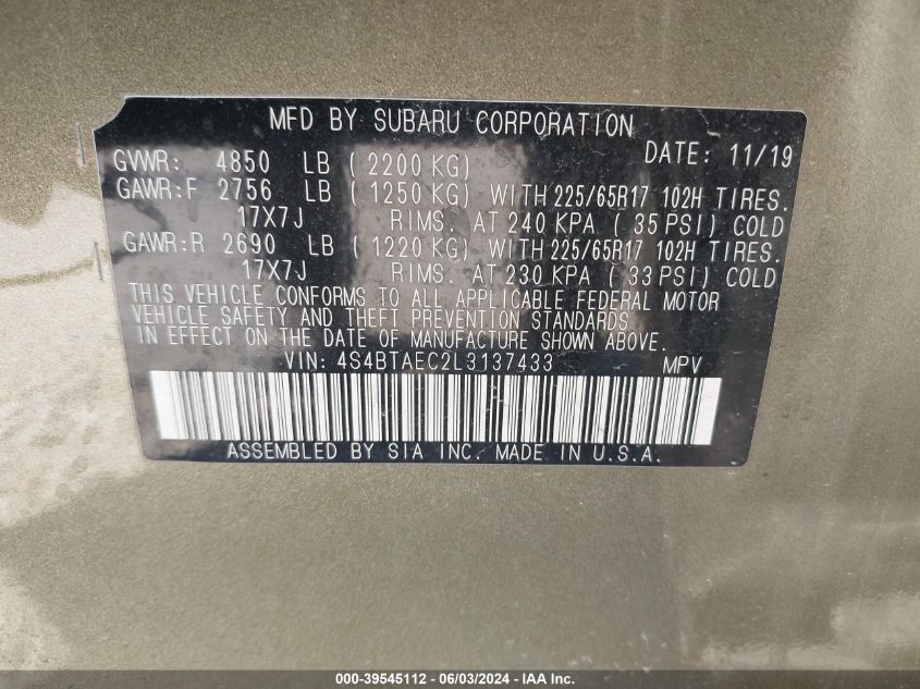 2020 Subaru Outback Premium VIN: 4S4BTAEC2L3137433 Lot: 39545112