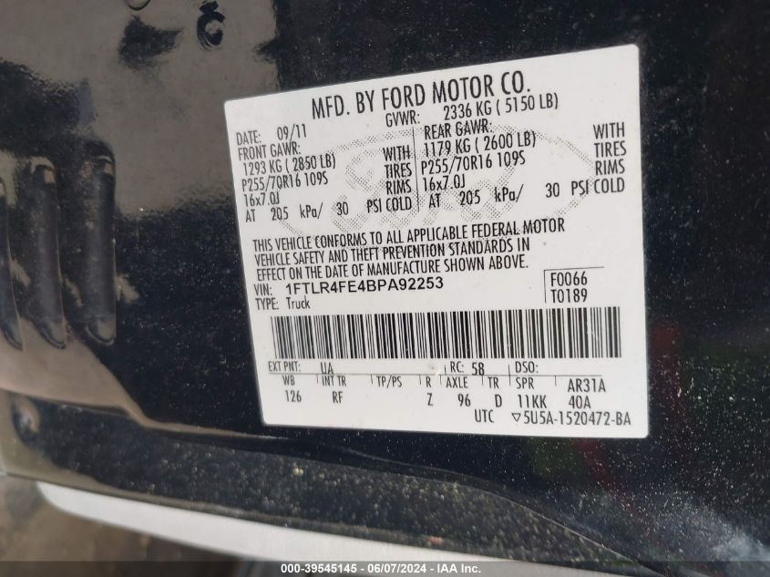 2011 Ford Ranger Xlt VIN: 1FTLR4FE4BPA92253 Lot: 39545145