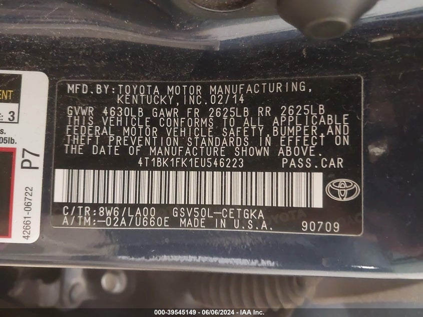 2014 Toyota Camry Xle V6 VIN: 4T1BK1FK1EU546223 Lot: 39545149