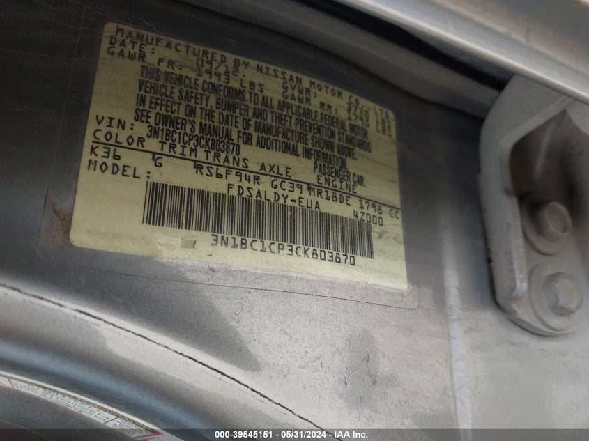 2012 Nissan Versa 1.8 S VIN: 3N1BC1CP3CK803870 Lot: 39545151