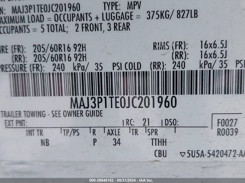 2018 Ford Ecosport Se VIN: MAJ3P1TE0JC201960 Lot: 39545152