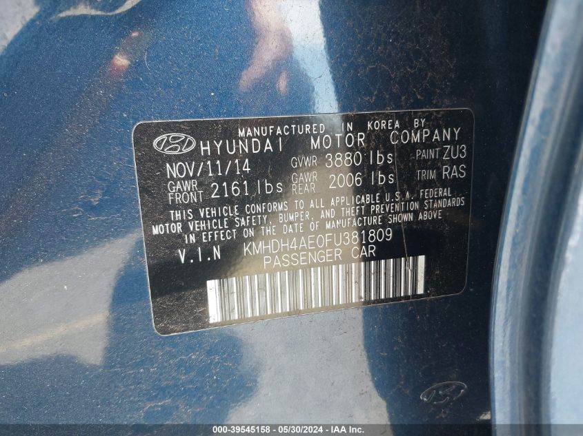 KMHDH4AE0FU381809 2015 Hyundai Elantra Se