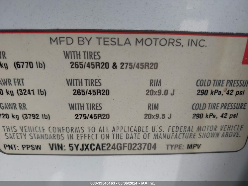 2016 Tesla Model X 60D/70D/75D/90D VIN: 5YJXCAE24GF023704 Lot: 39545163