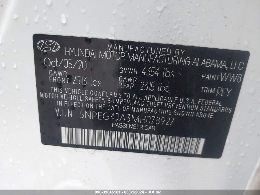 2021 Hyundai Sonata Se VIN: 5NPEG4JA3MH078927 Lot: 39545181