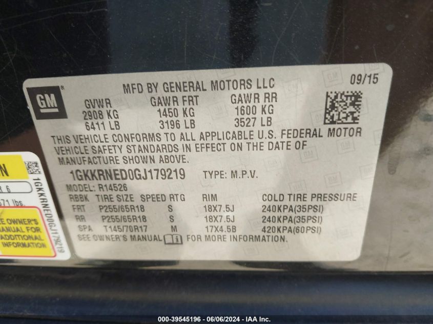 2016 GMC Acadia Sle-1 VIN: 1GKKRNED0GJ179219 Lot: 39545196