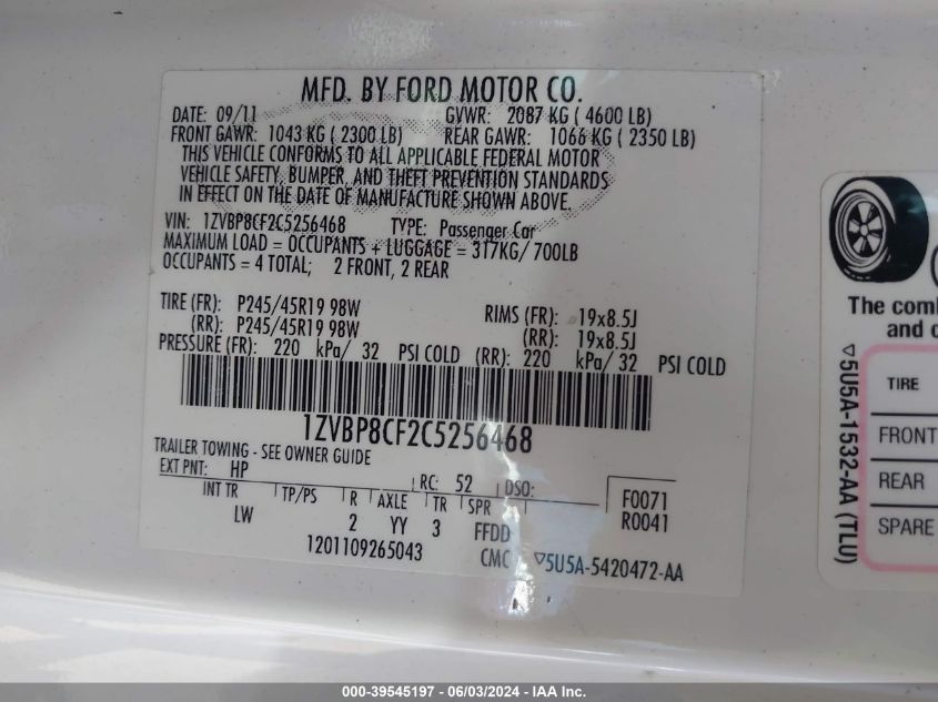 2012 Ford Mustang Gt Premium VIN: 1ZVBP8CF2C5256468 Lot: 39545197