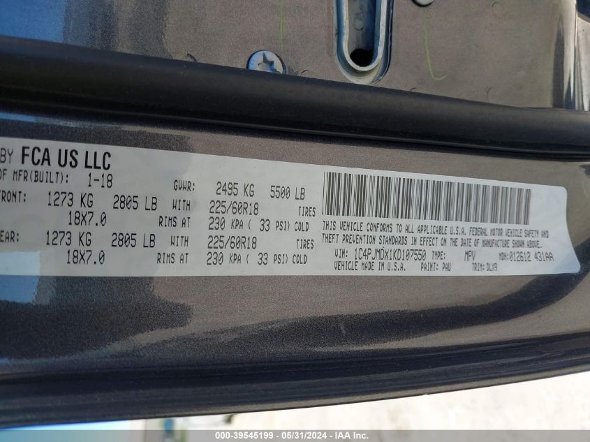 2019 Jeep Cherokee Limited 4X4 VIN: 1C4PJMDX1KD107550 Lot: 39545199